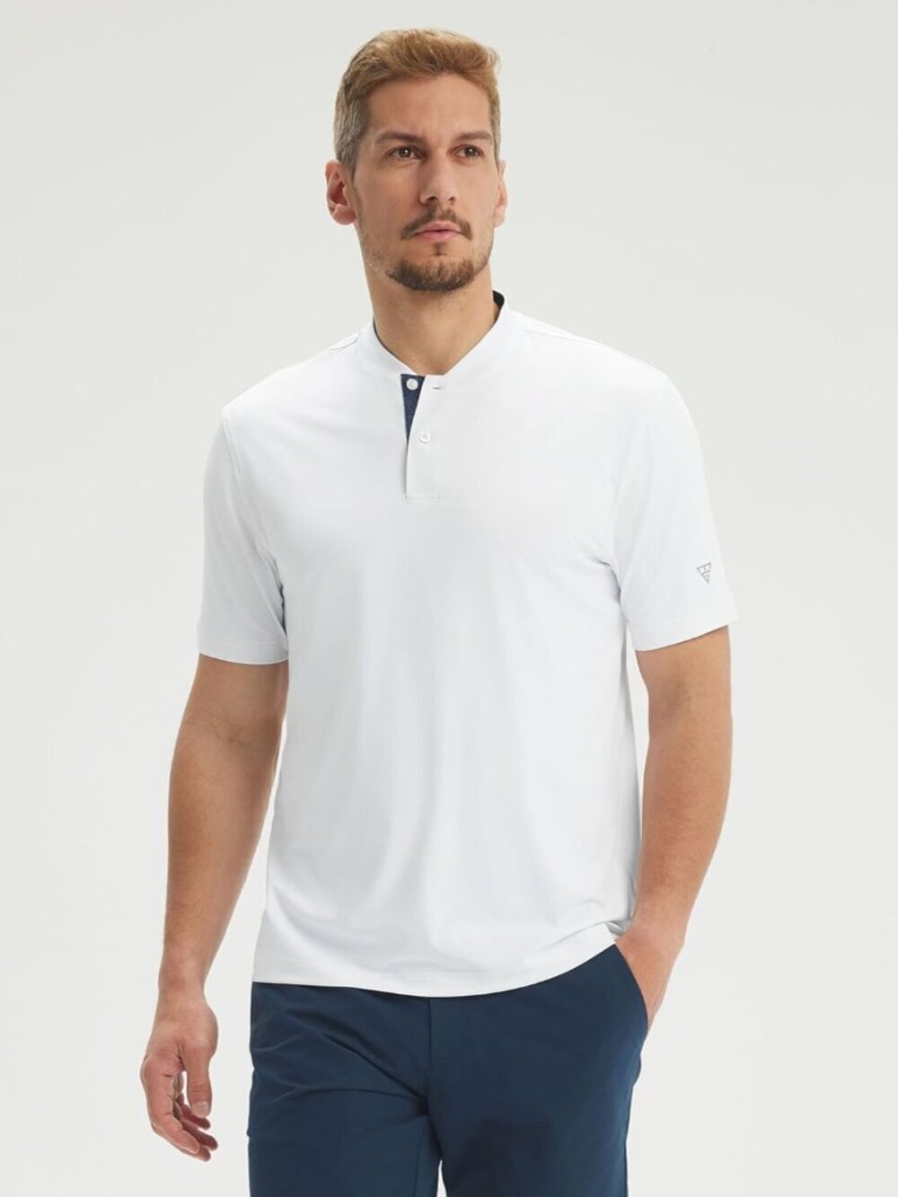 Men White Collarless Golf Shirt Short Sleeve Dry Fit Moisture Wicking Henley Tee - Picture 2 of 6
